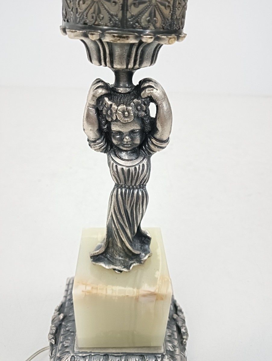 Vintage Table Desk Lamp Spelter Figurine Girl Marble Opaline Glass Italy photo for sale