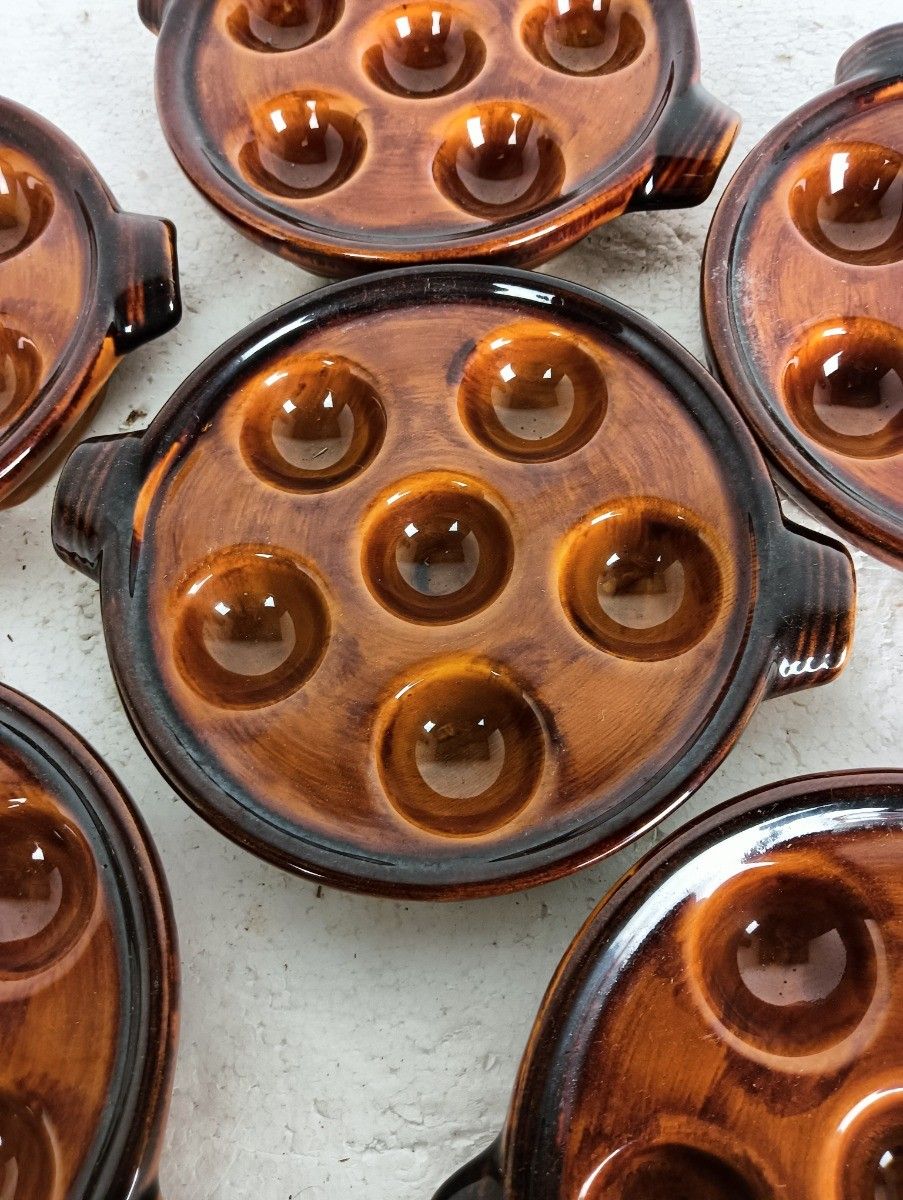 Set Of 6 French Escargots Snail Plates Dishes Terra Cotta Bourguignonne France M photo 97.0