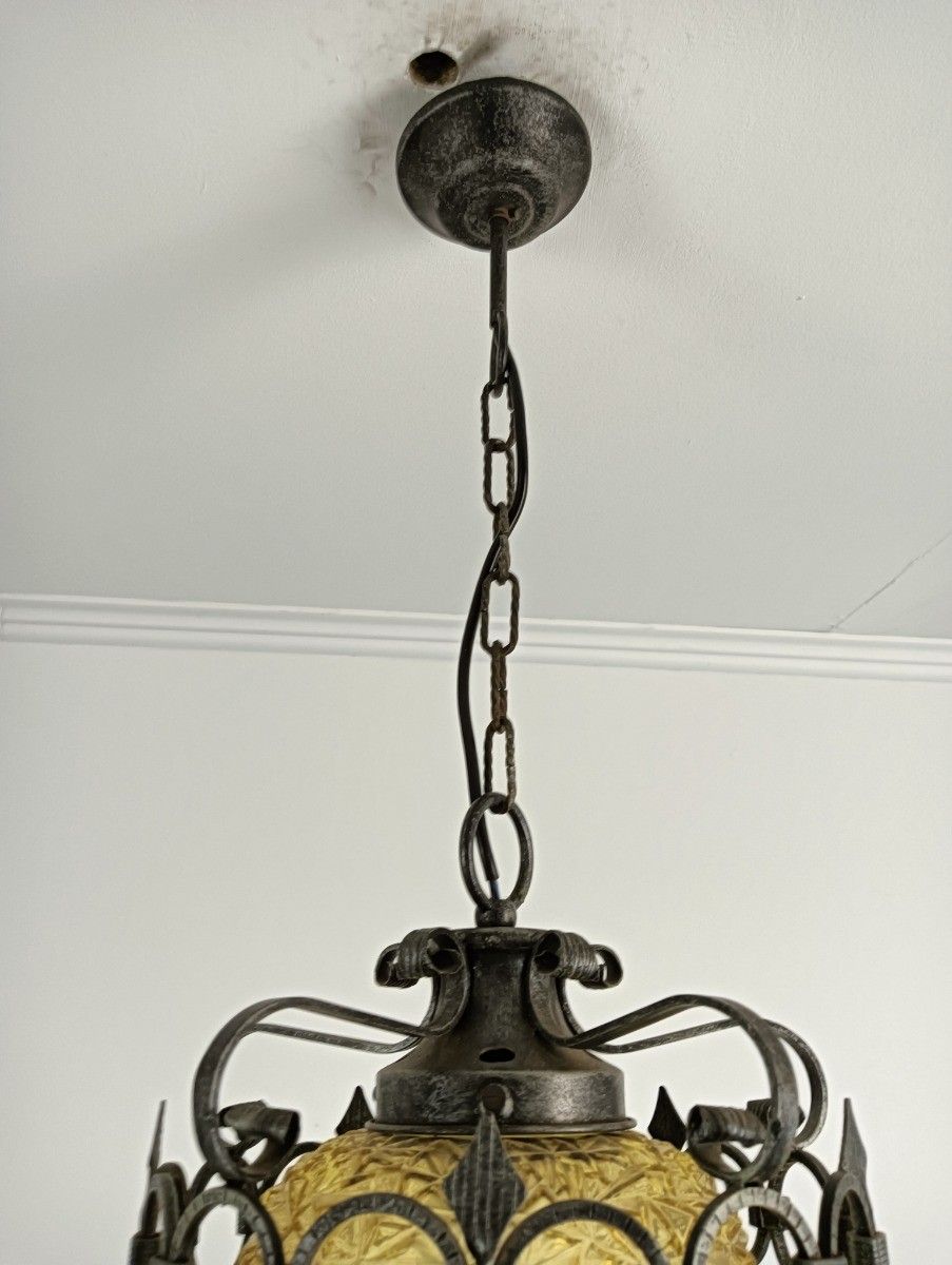 Amber Glass Light Bubbled Glass Pendant Shade Wrought Iron Vintage photo buy
