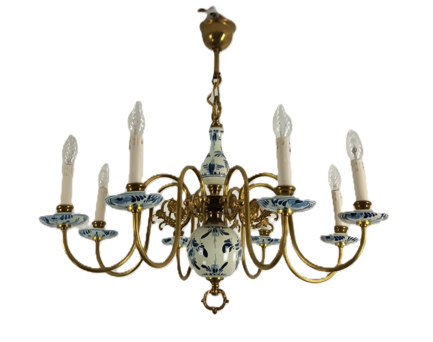 Dutch Delft Blue White Chandelier Porcelain Vintage Ornate Brass 8 Lights Arms