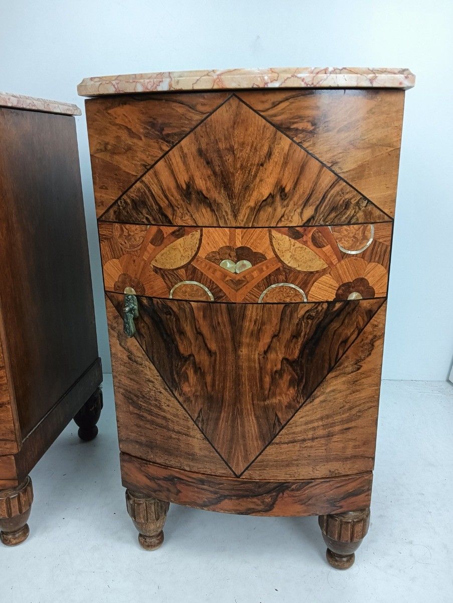 Antique Art Deco Couple Nightstands End Tables Wood Marble Inlay Mother Of Pearl photo 2692.0