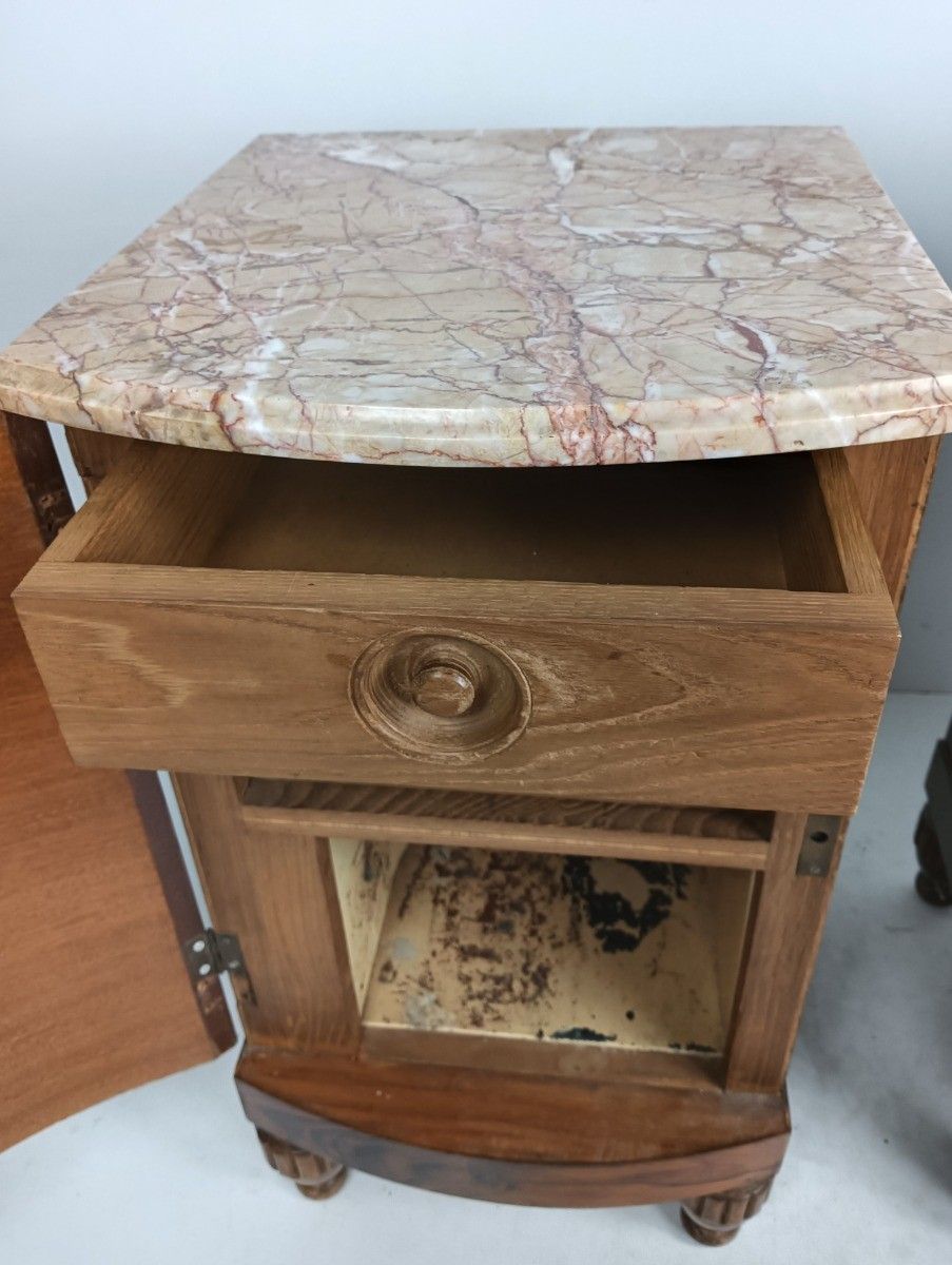photo for sale Antique Art Deco Couple Nightstands End Tables Wood Marble Inlay Mother Of Pearl