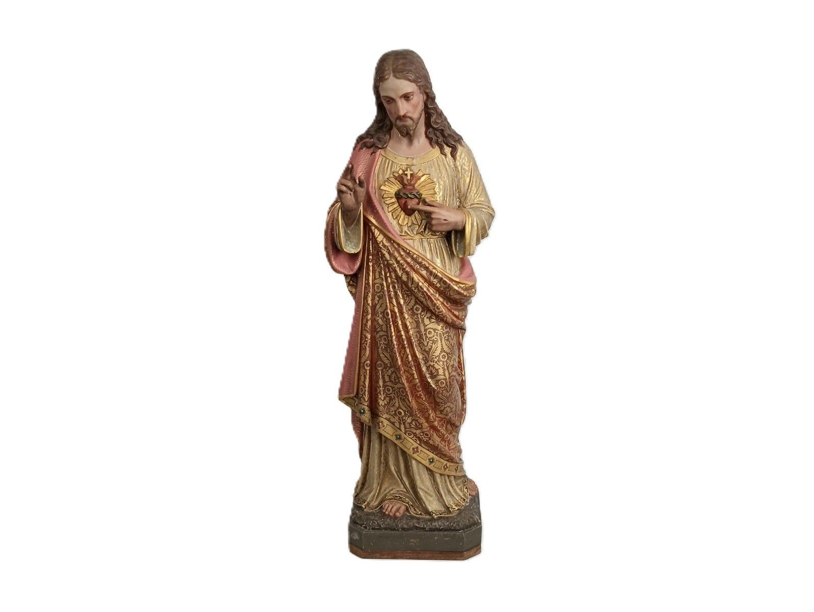 Xl Statue Antique Neo Gothic Hand Painted Plaster Church Jesus Christ Holy Heart