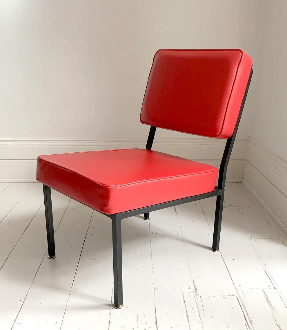 Mid Century Modern Red Vinyl Cocktail / Lounge Chair, Black Frame, 2 Of 2 photo furniture