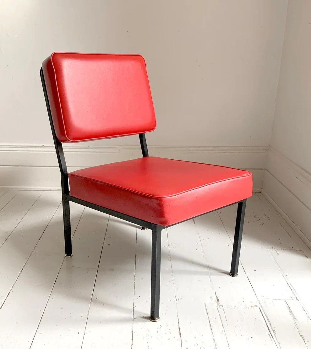 Mid Century Modern Red Vinyl Cocktail / Lounge Chair, Black Frame, 2 Of 2