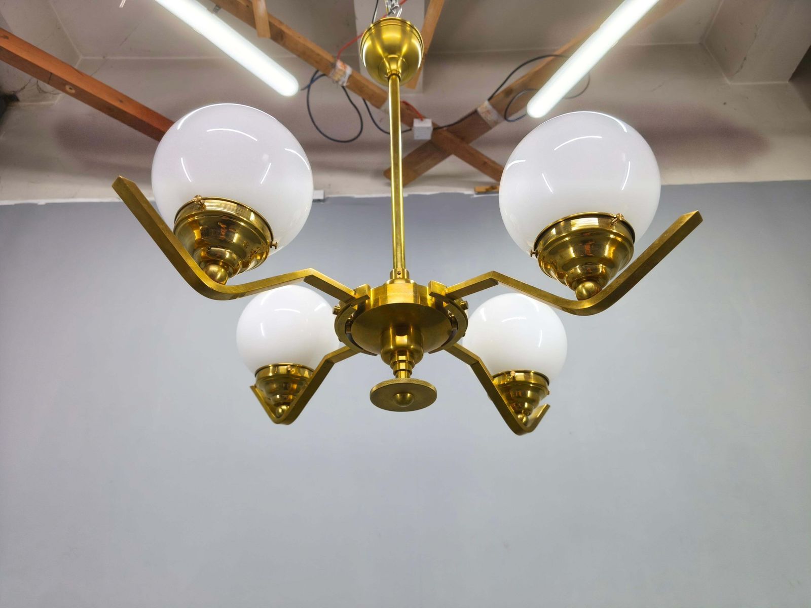Adjustable Art Deco Brass Chandelier With Milk Glass, 1930s photo buy