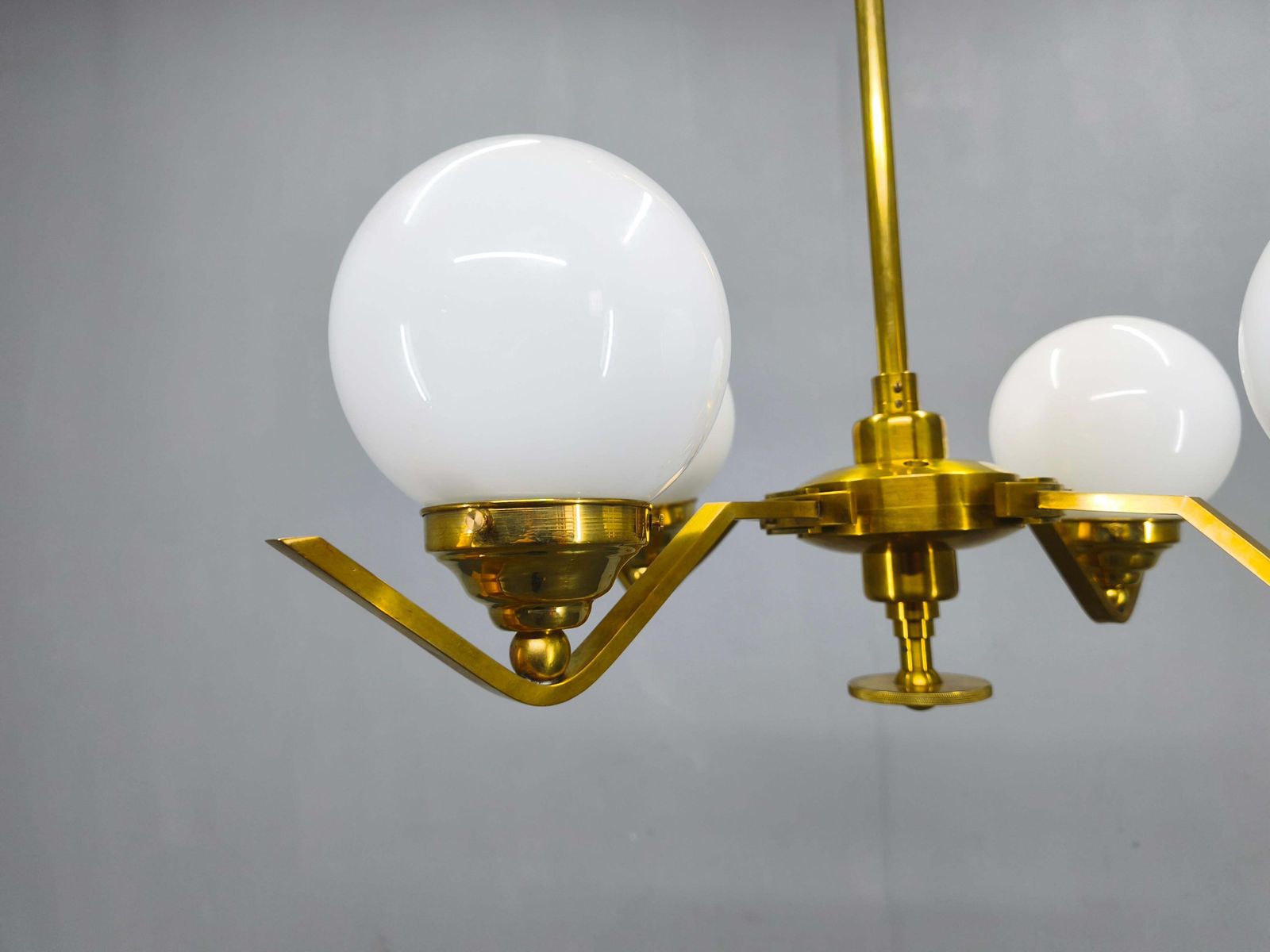 Adjustable Art Deco Brass Chandelier With Milk Glass, 1930s photo vintage