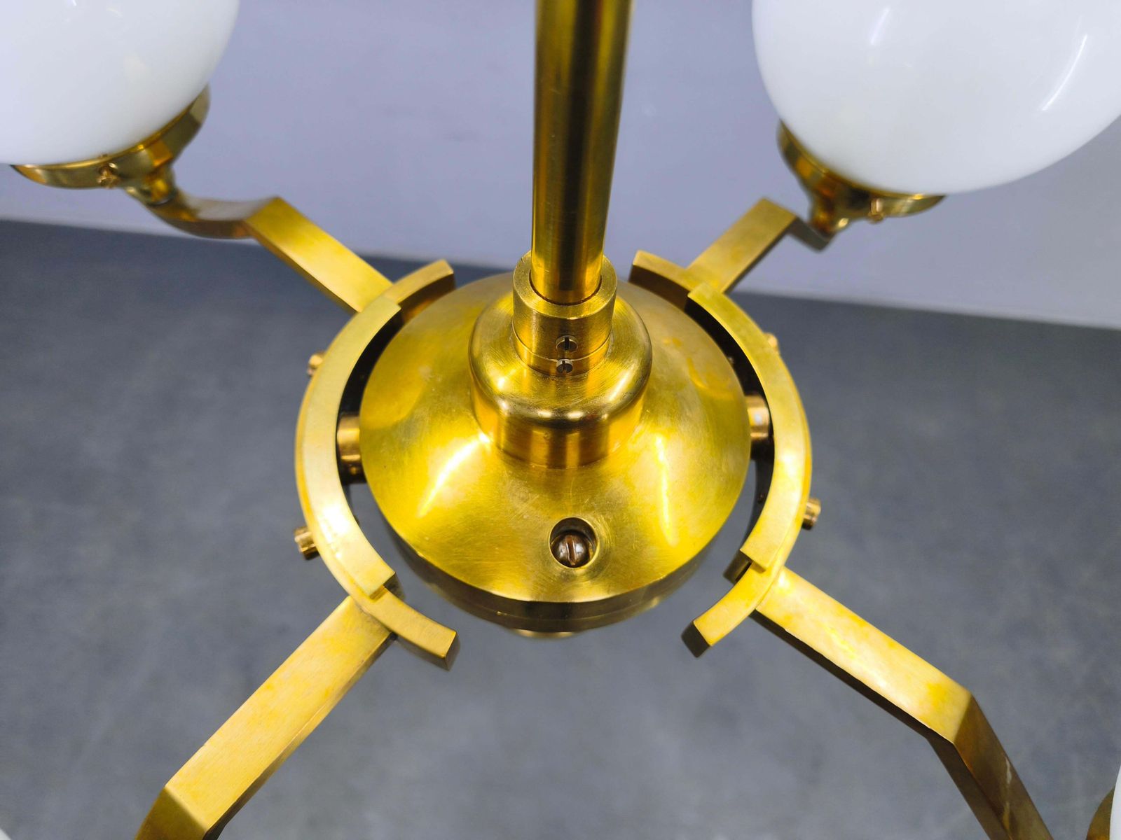 photo furniture Adjustable Art Deco Brass Chandelier With Milk Glass, 1930s