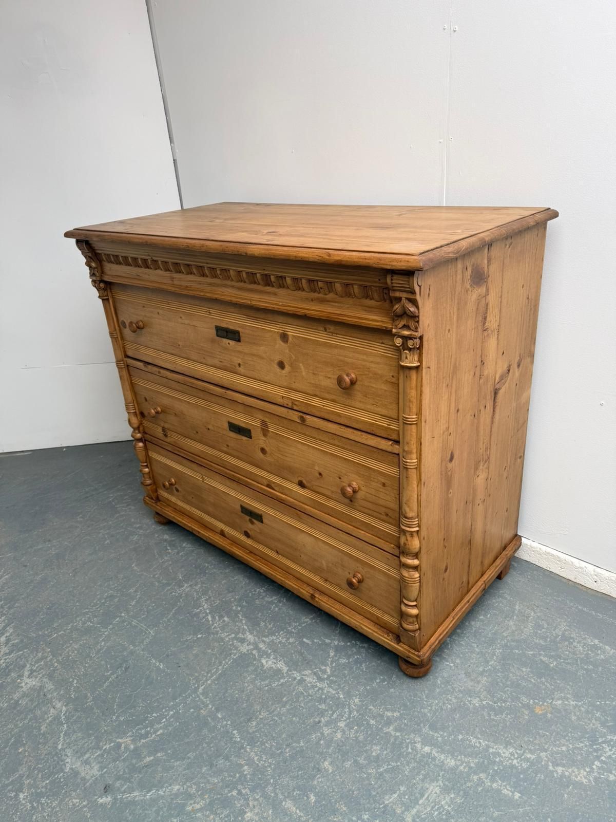 An Original Antique Pine Columned Hungarian Waxed 3 Drawer Chest Of Drawers