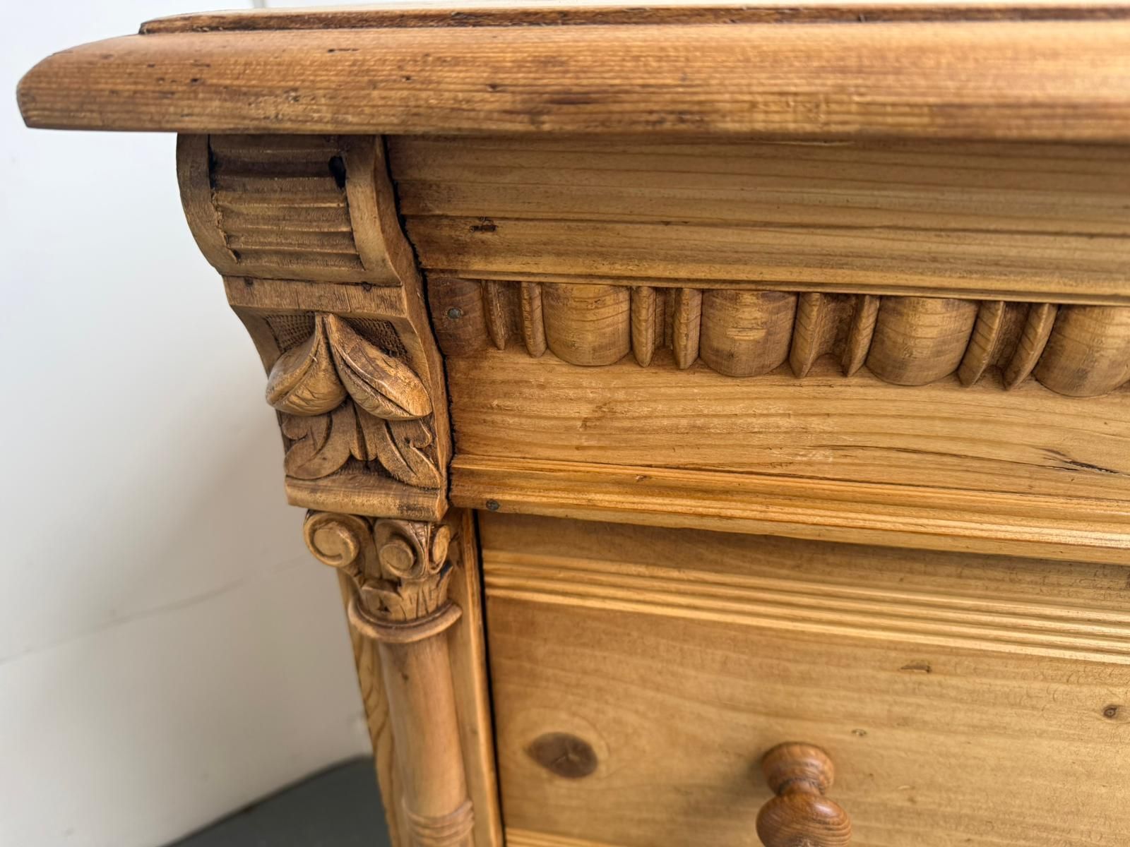 An Original Antique Pine Columned Hungarian Waxed 3 Drawer Chest Of Drawers photo 795.0