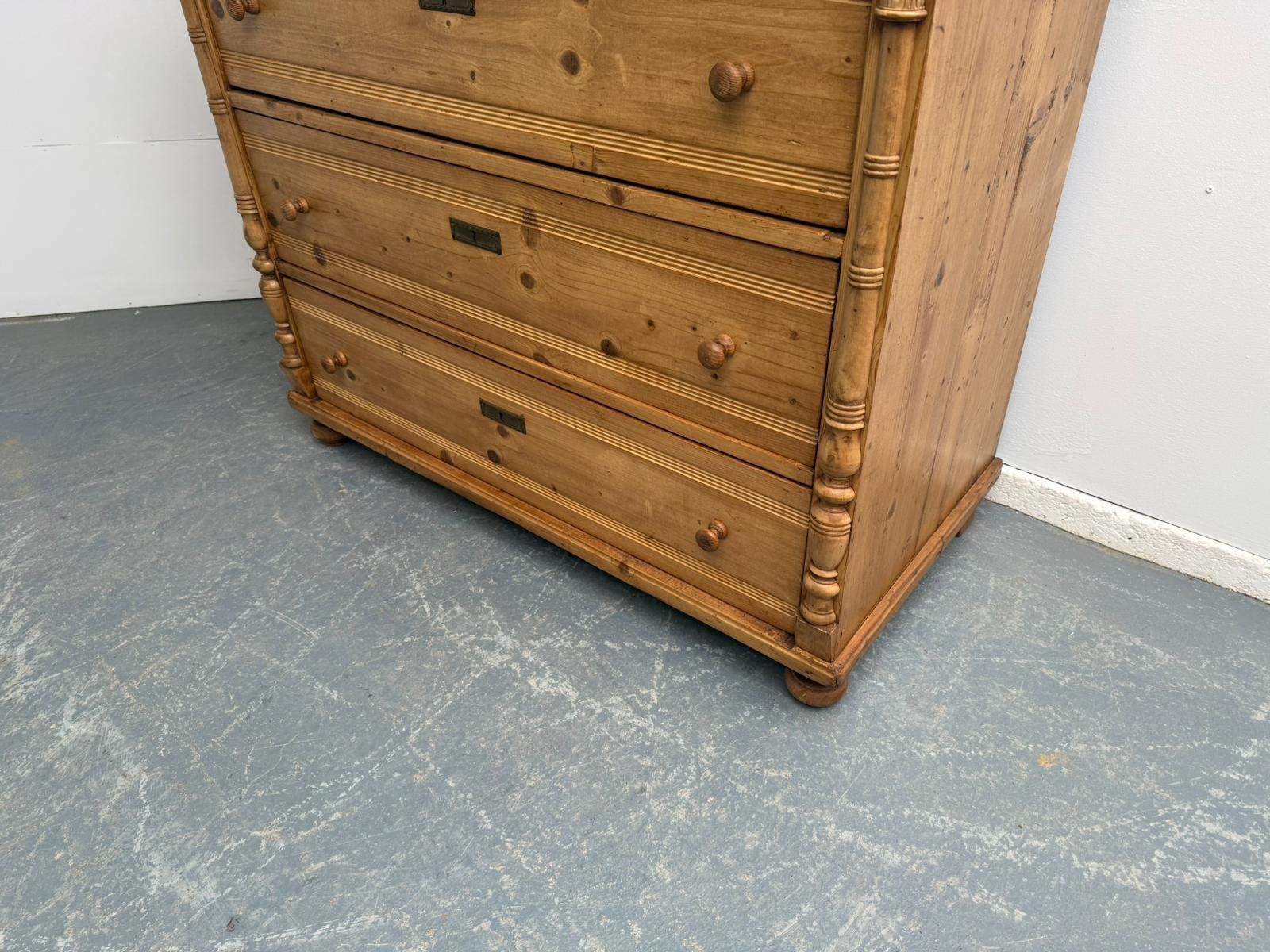 An Original Antique Pine Columned Hungarian Waxed 3 Drawer Chest Of Drawers photo buy