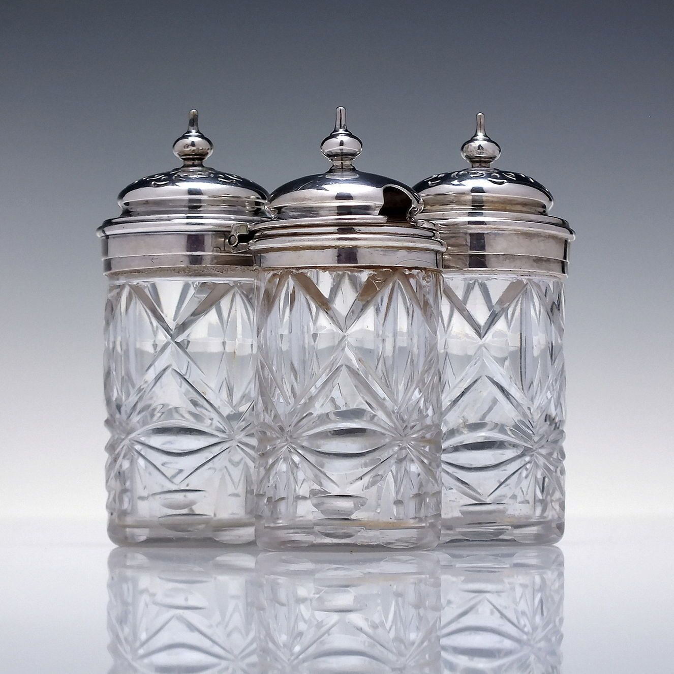 Set Of Three Georgian Irish Cut Glass Shakers & Cruet With Silver Lids C1820