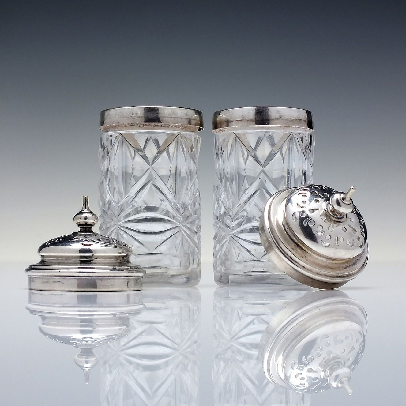 Set Of Three Georgian Irish Cut Glass Shakers & Cruet With Silver Lids C1820 photo vinterior