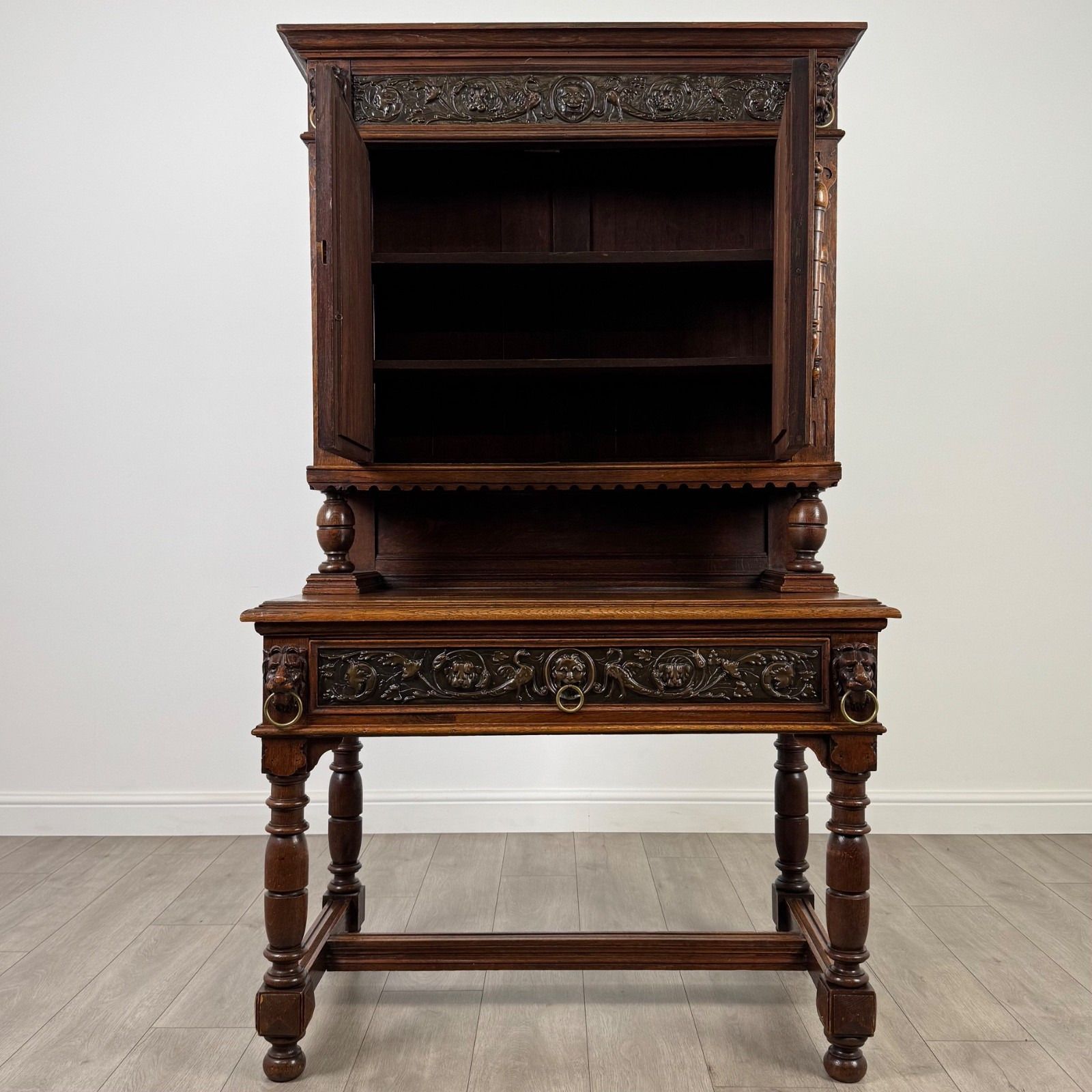 Antique 19th Century Jacobean Revival Cabinet In Copper And Oak ( Af 4137 ) photo furniture