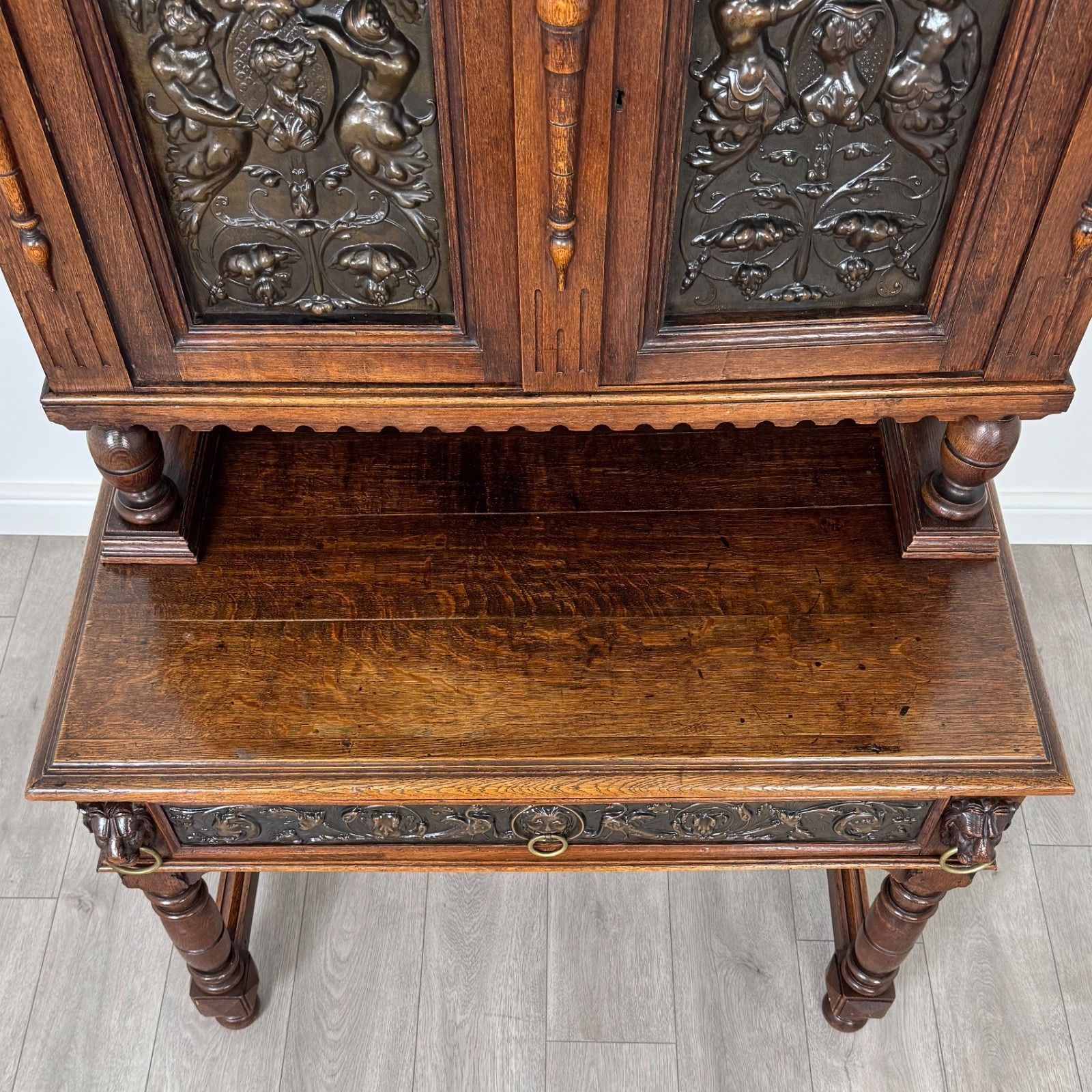 Antique 19th Century Jacobean Revival Cabinet In Copper And Oak ( Af 4137 ) photo vintage