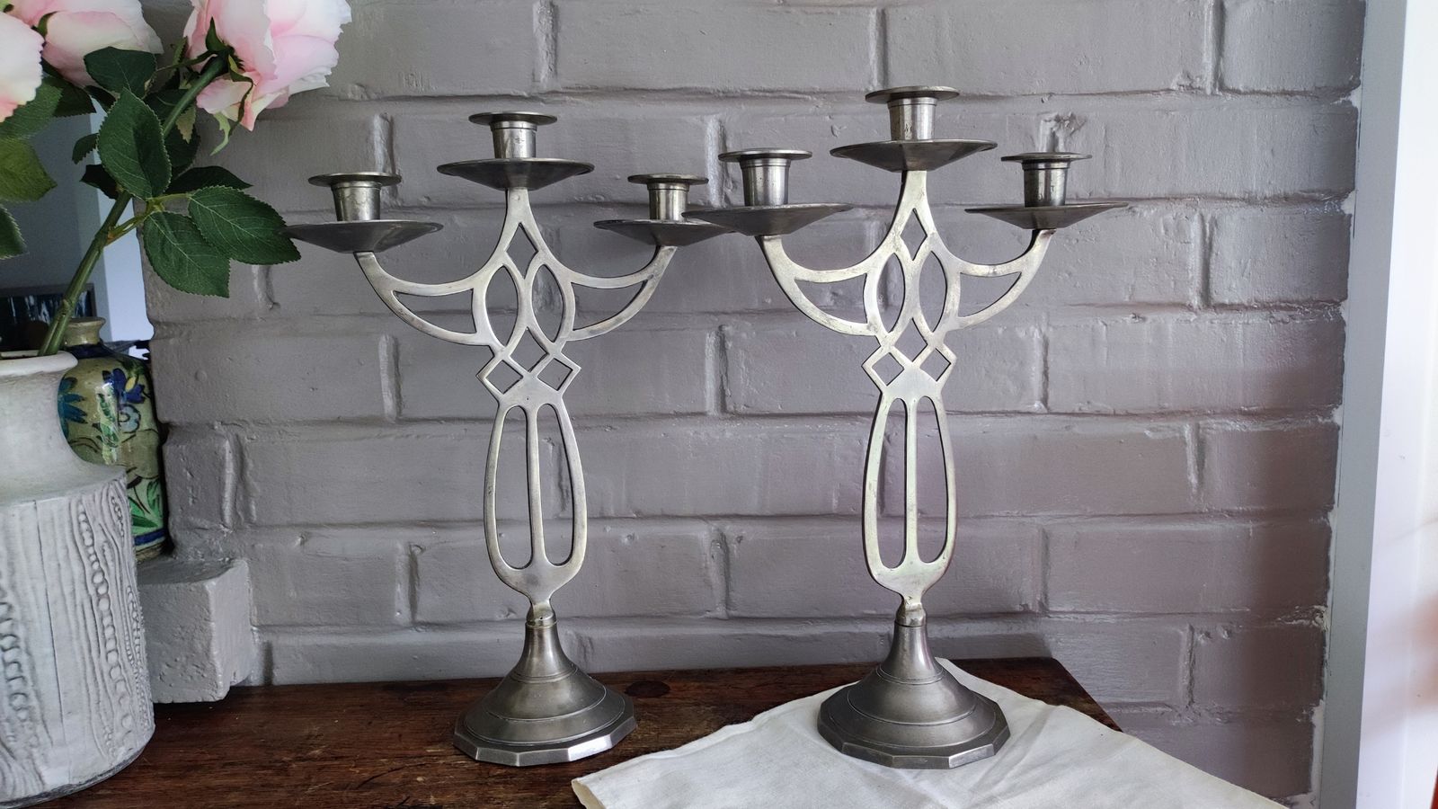 photo vintage Pair Of Art Nouveau Pewter Candelabra, French Dinner Table Centerpiece