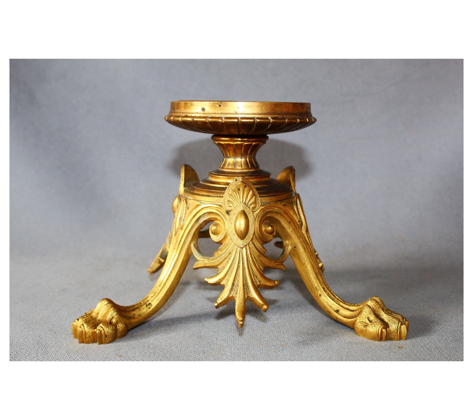Antique French Empire Revival Bronze Pedestal Stand Or Base, Signed F. Delarue Paris, Gilded, Tripod Feet, Lion Paw, Acanthus Leaf, Napoleon