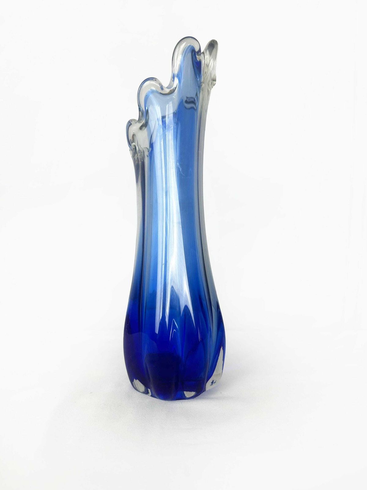 Vintage Glass Flower Vase Murano Point Blue Cobalt Wave Edge Mid Century 1970 70s Italy photo 56.0