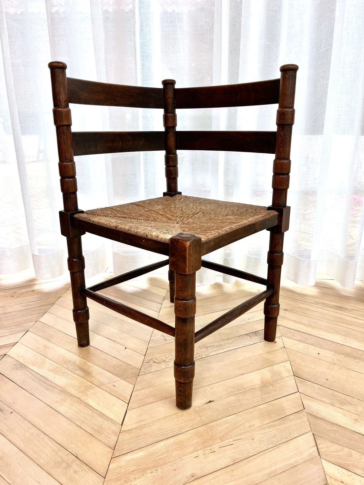 Vintage Woven Rush Seat Carved Oak Corner Chair photo furniture