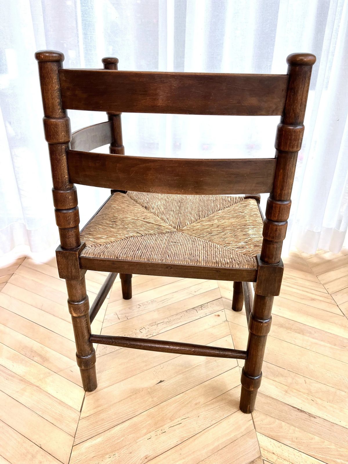 Vintage Woven Rush Seat Carved Oak Corner Chair photo buy