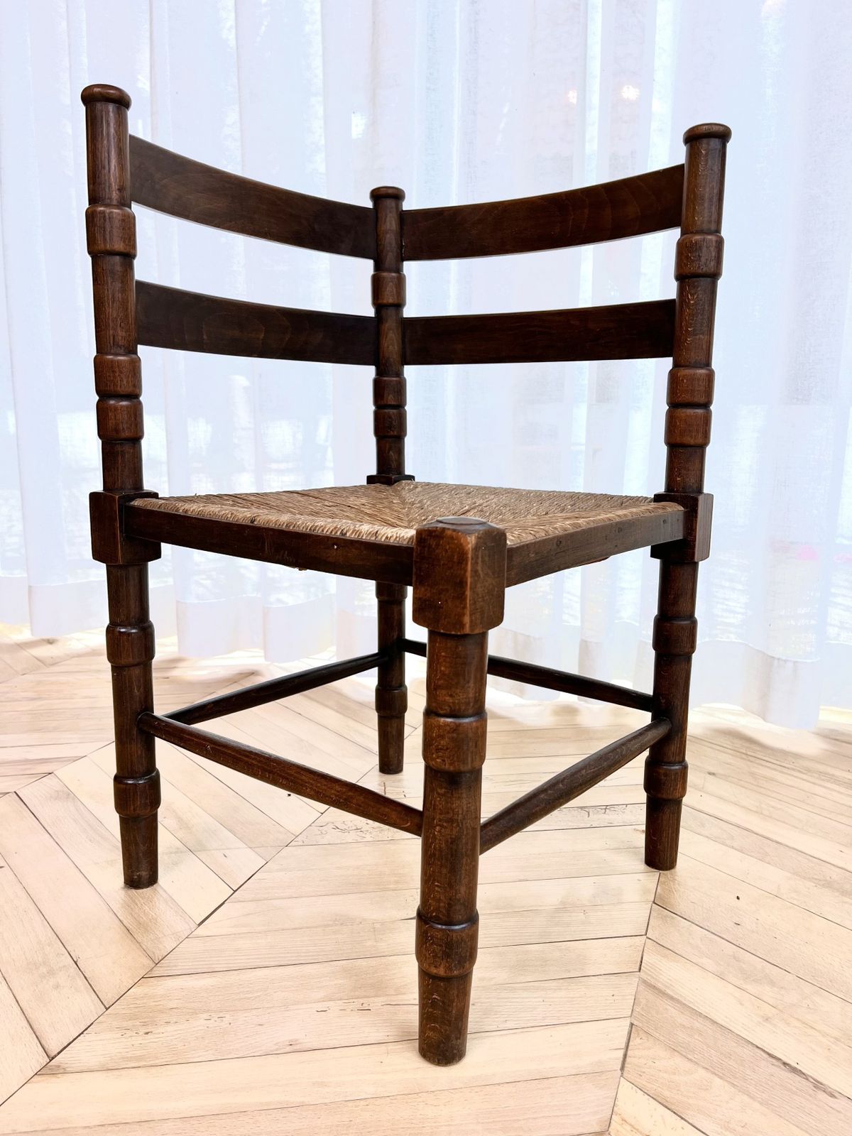 photo for sale Vintage Woven Rush Seat Carved Oak Corner Chair