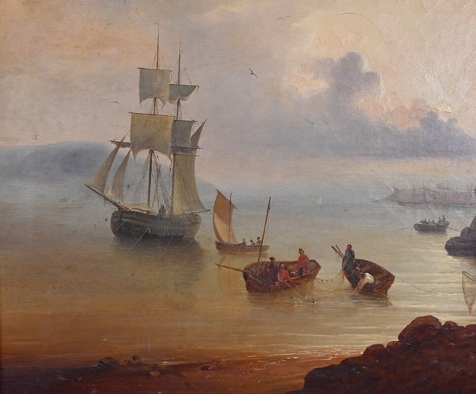 Painting "Light On The Port", French School, 19th Century photo vintage