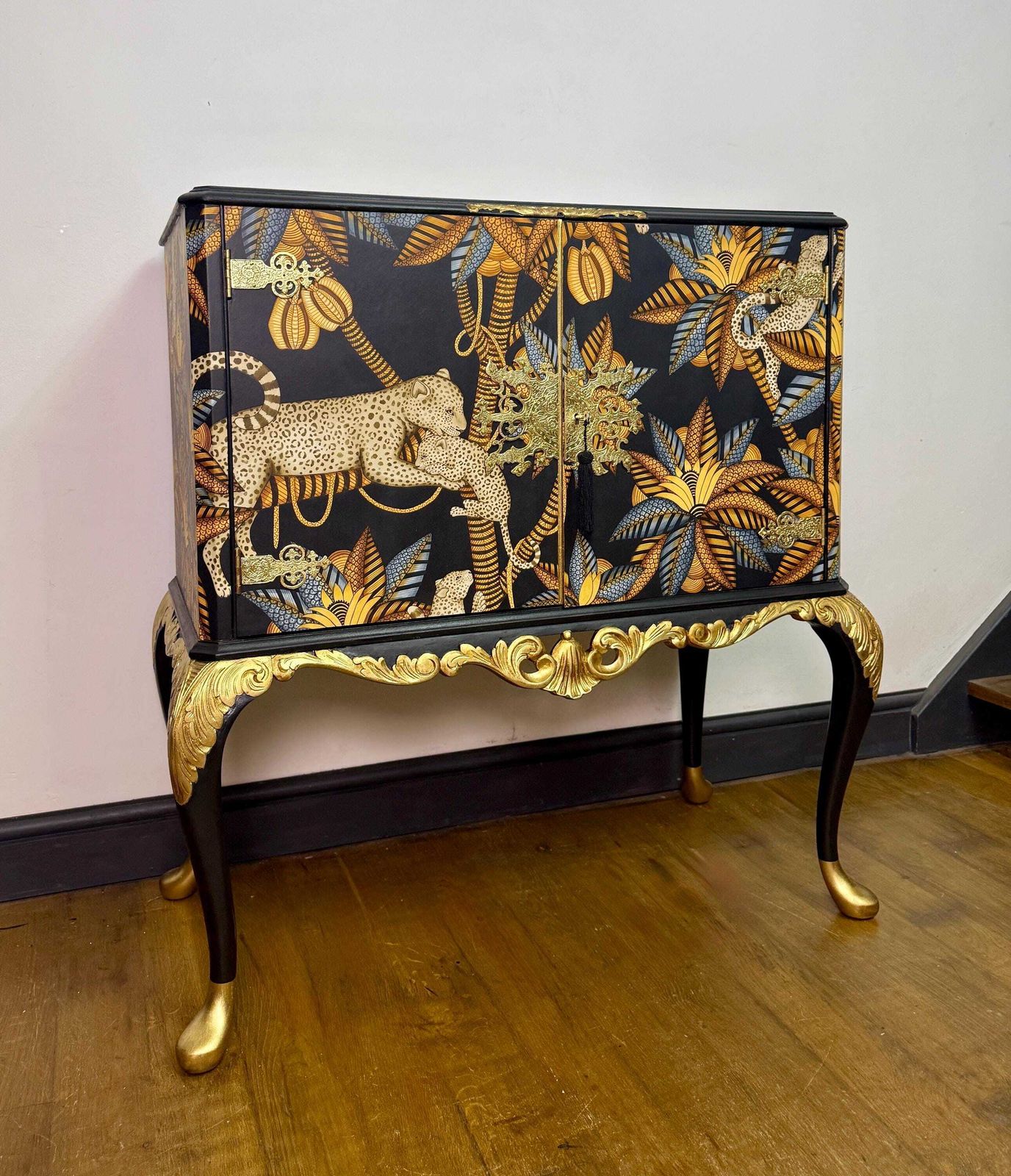 Queen Anne Leopard Drinks Cabinet | Bespoke Chinoiserie /Botanicle Cocktail Cabinet | Luxury Vintage Statement Bar photo furniture