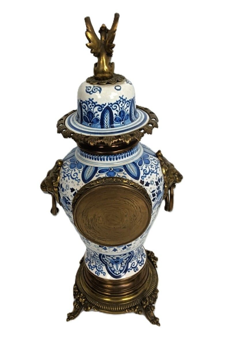 Home Decor Garniture Set Of 3 Mantle Pieces Clock Two Candelabras Porcelain Delft Blue Whit photo