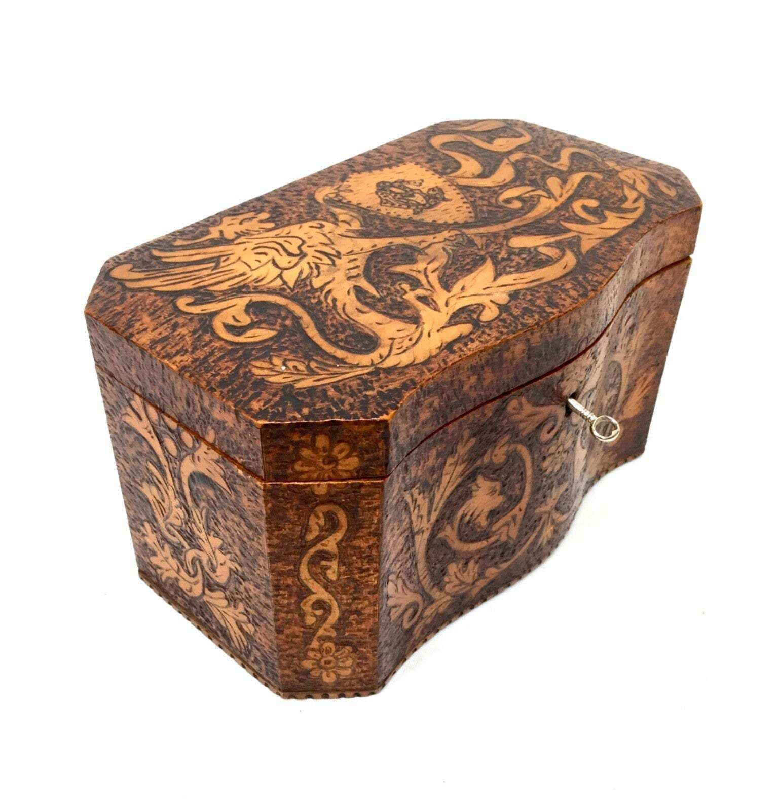 Antique Pokerwork Burr Yew Wooden Tea Caddy Storage Box With Key 19th Century