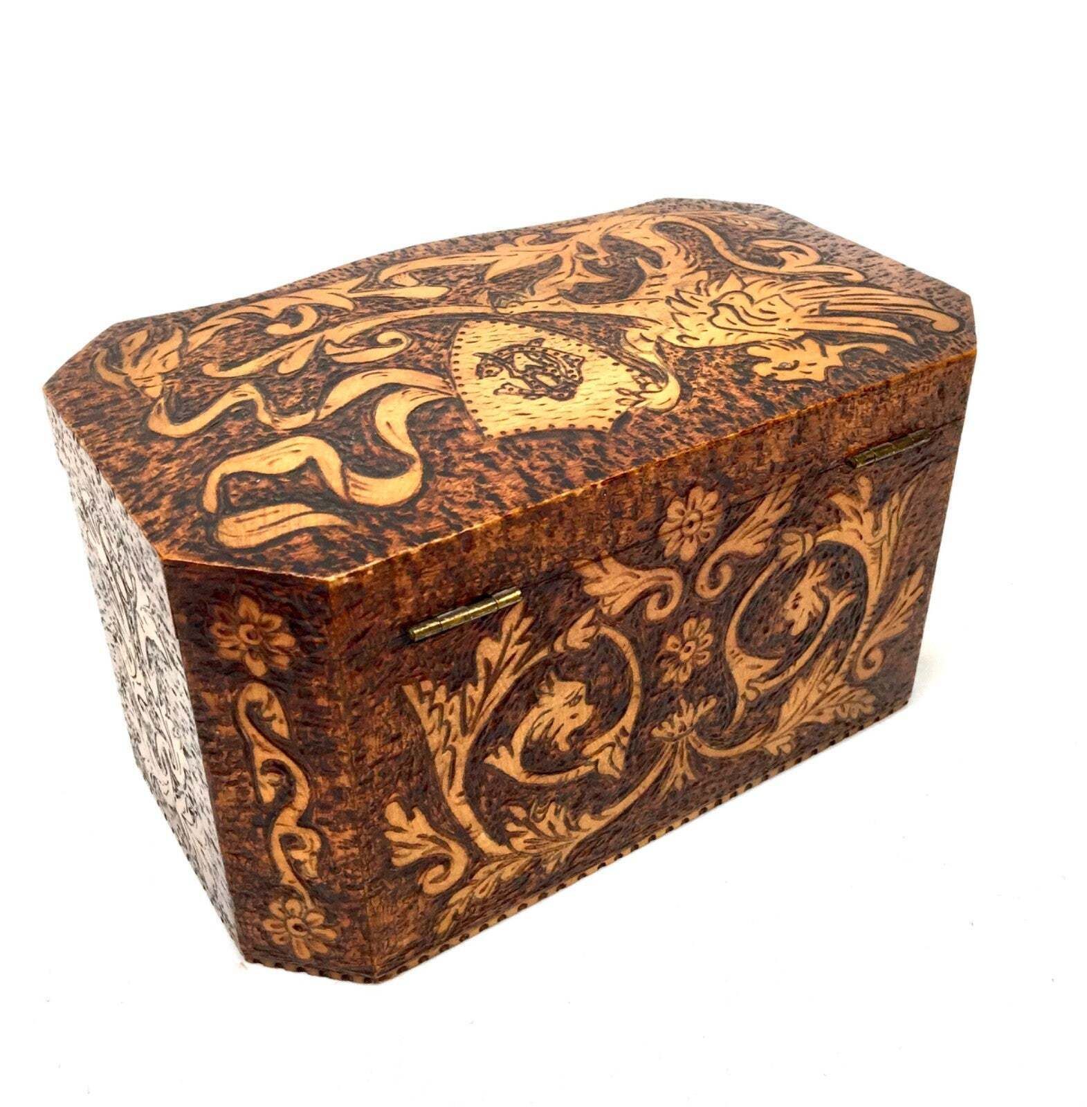 Antique Pokerwork Burr Yew Wooden Tea Caddy Storage Box With Key 19th Century photo buy