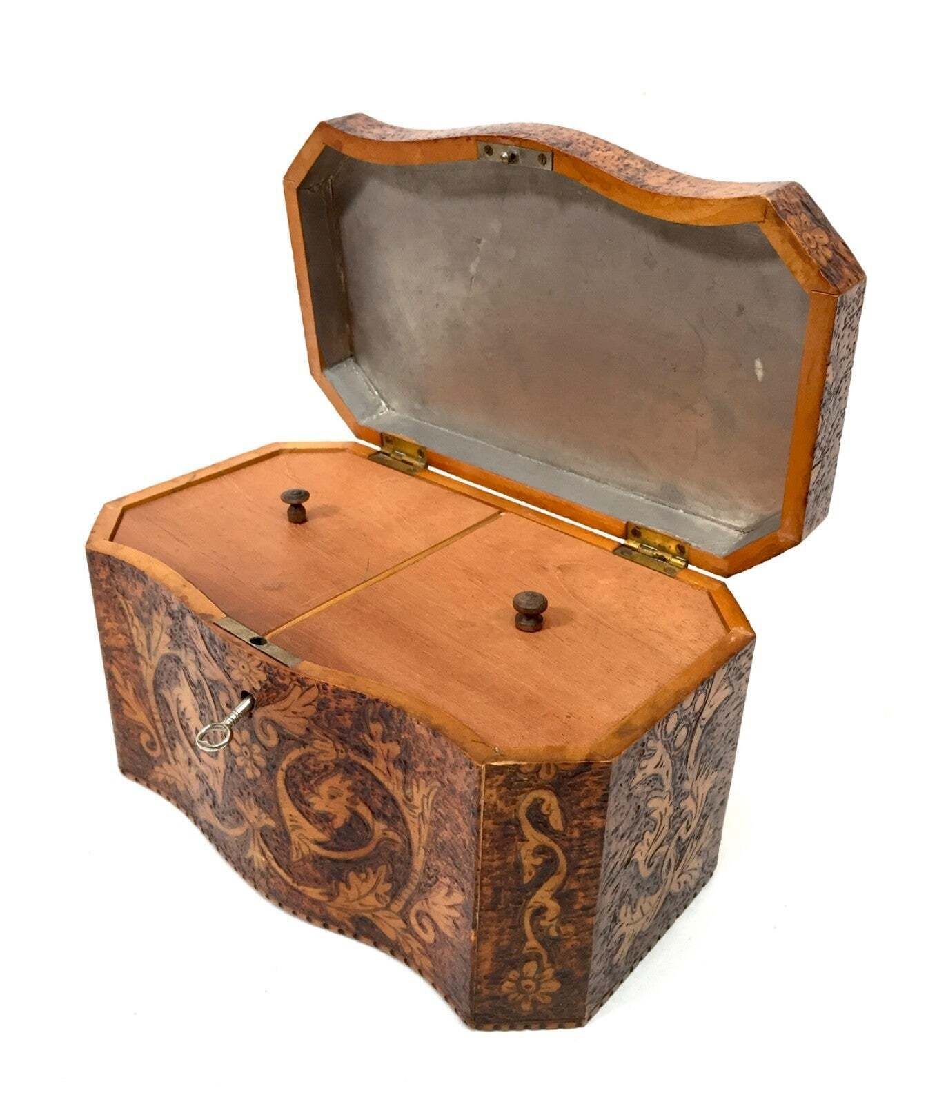 Antique Pokerwork Burr Yew Wooden Tea Caddy Storage Box With Key 19th Century photo vintage