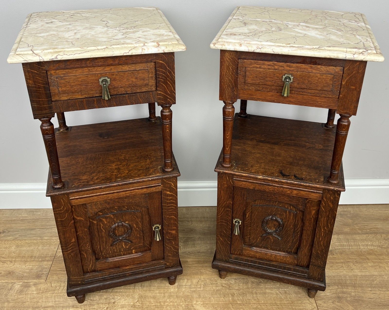Pair Of Bedside Tables Antique French Marble Top Carved Oak Cabinets Lot 4918