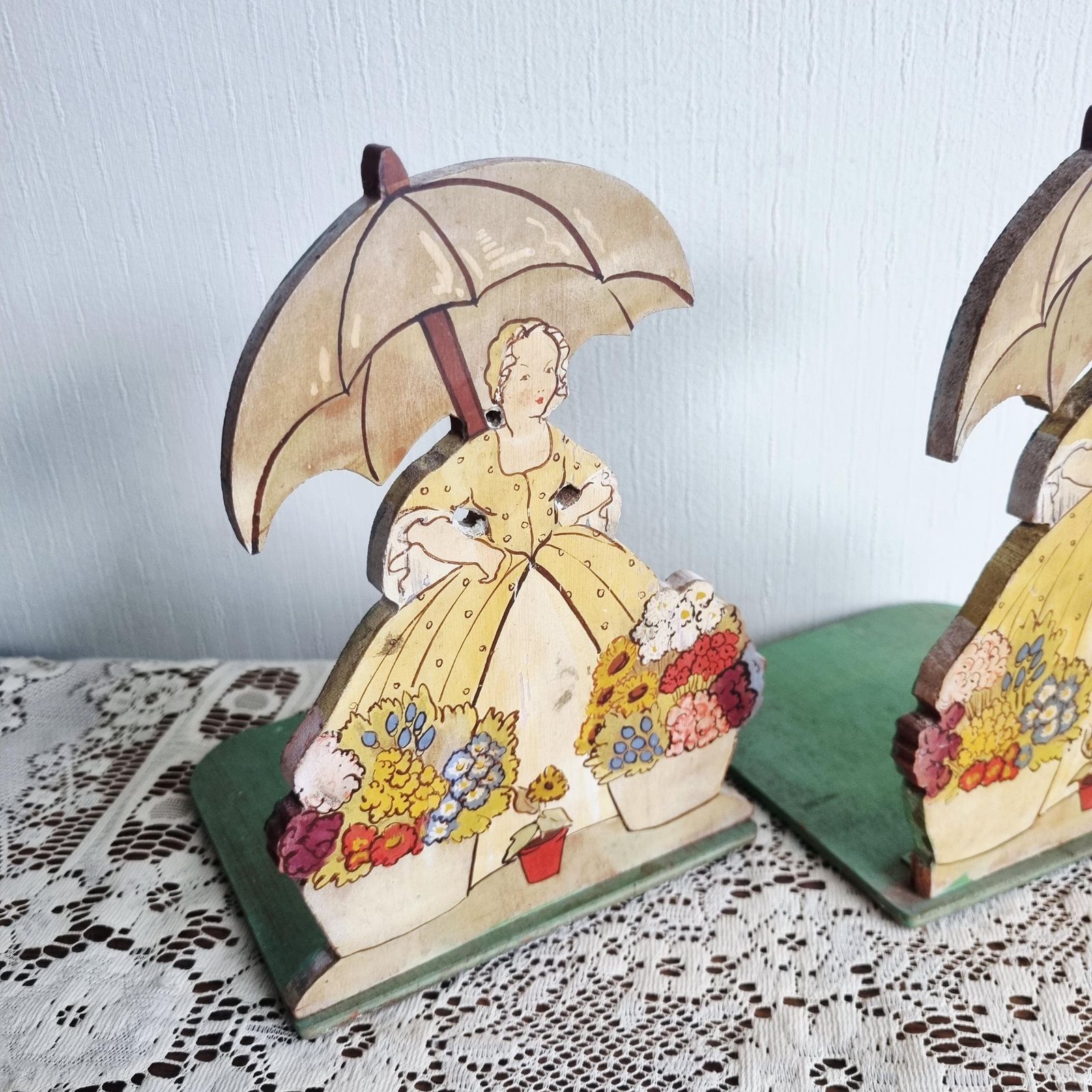 Art Deco Die Cut Pair Of Vintage Bookends Depicting Crinoline Lady photo furniture