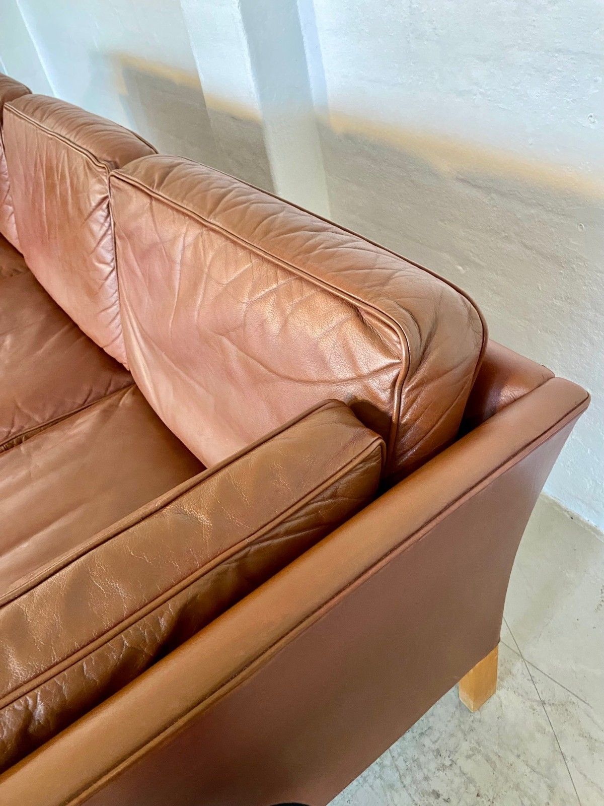 photo for sale Vintage Danish Mid Century  Mogens Hansen 3 Person  Cognac Leather Sofa 1960,S