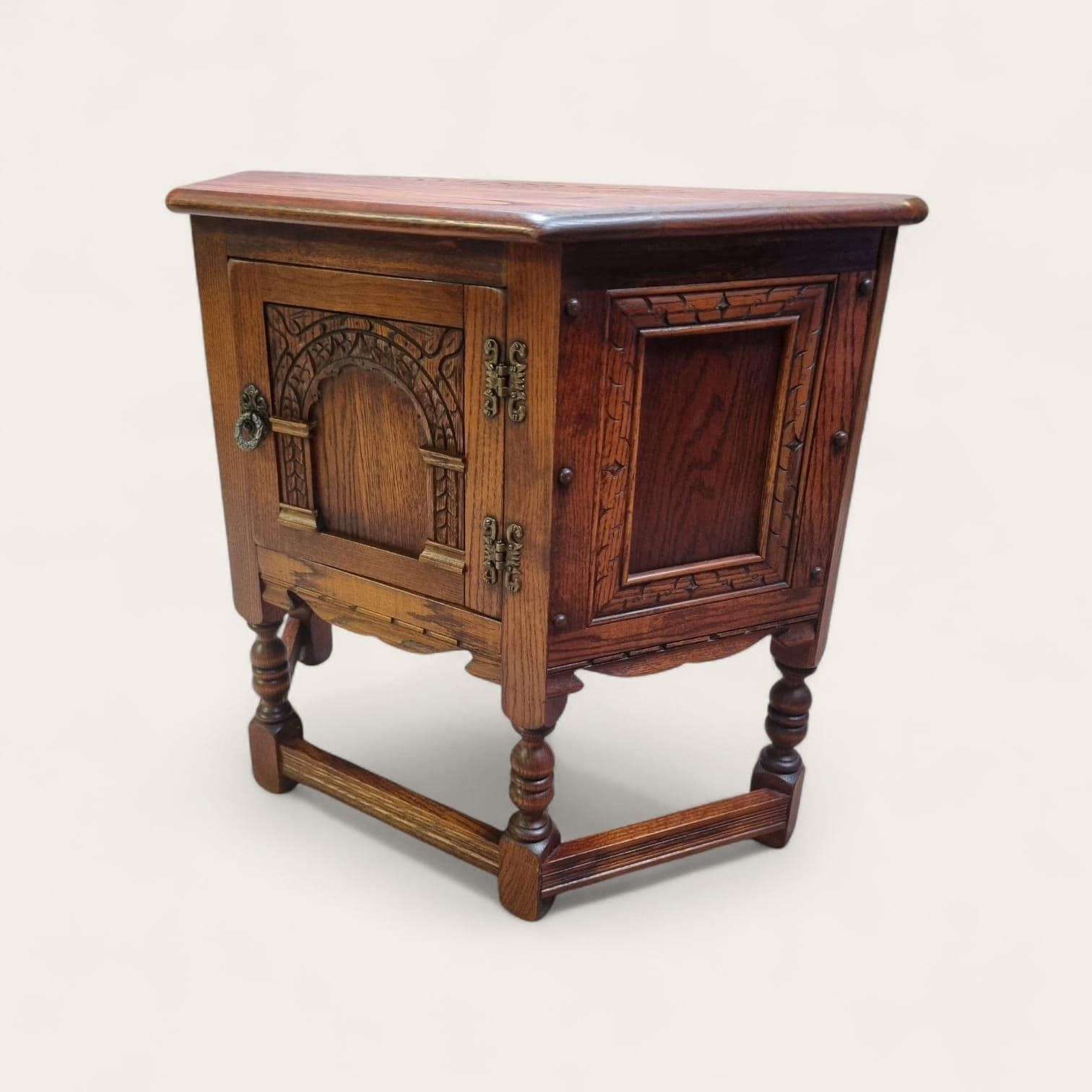 Vintage Old Charm Wood Brothers Canted Side Cabinet / Carved Oak / C1970 photo Furniture