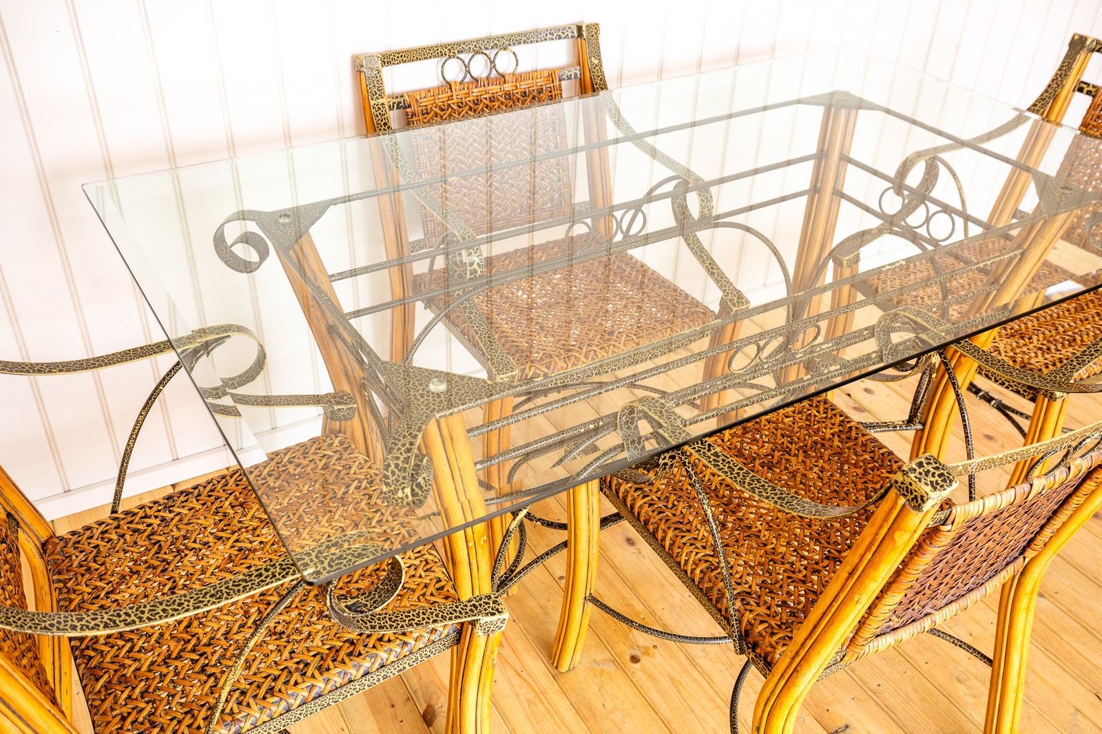 Bohemian Glass Dining Table And 4 Armchairs Vintage Artisan Dining Set Mcm 1970s Boh.O Painted Blonde Conservatory Orangery 6 Seater photo vinterior
