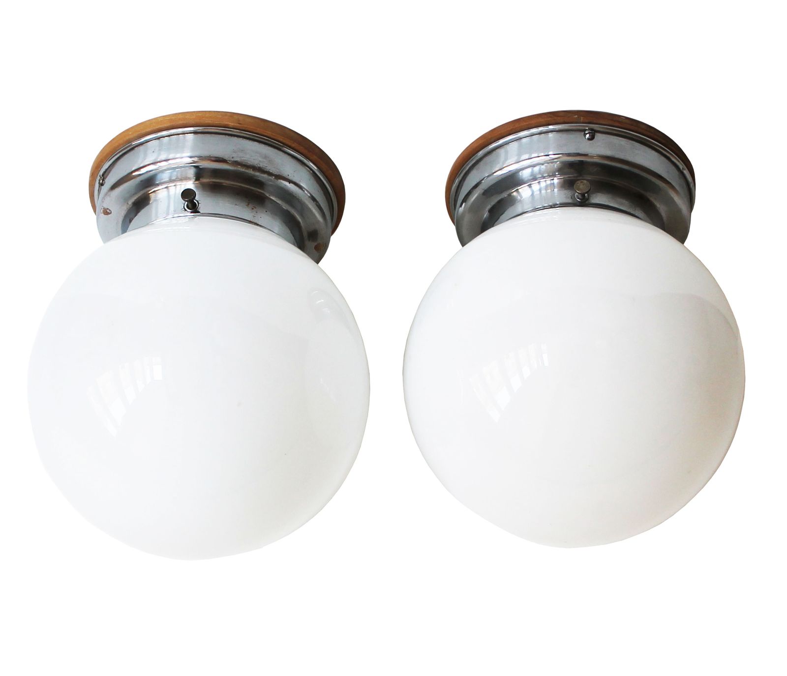 Pair Of 1930s Modernist Ceiling Or Wall Lights With Milk Glass Globes