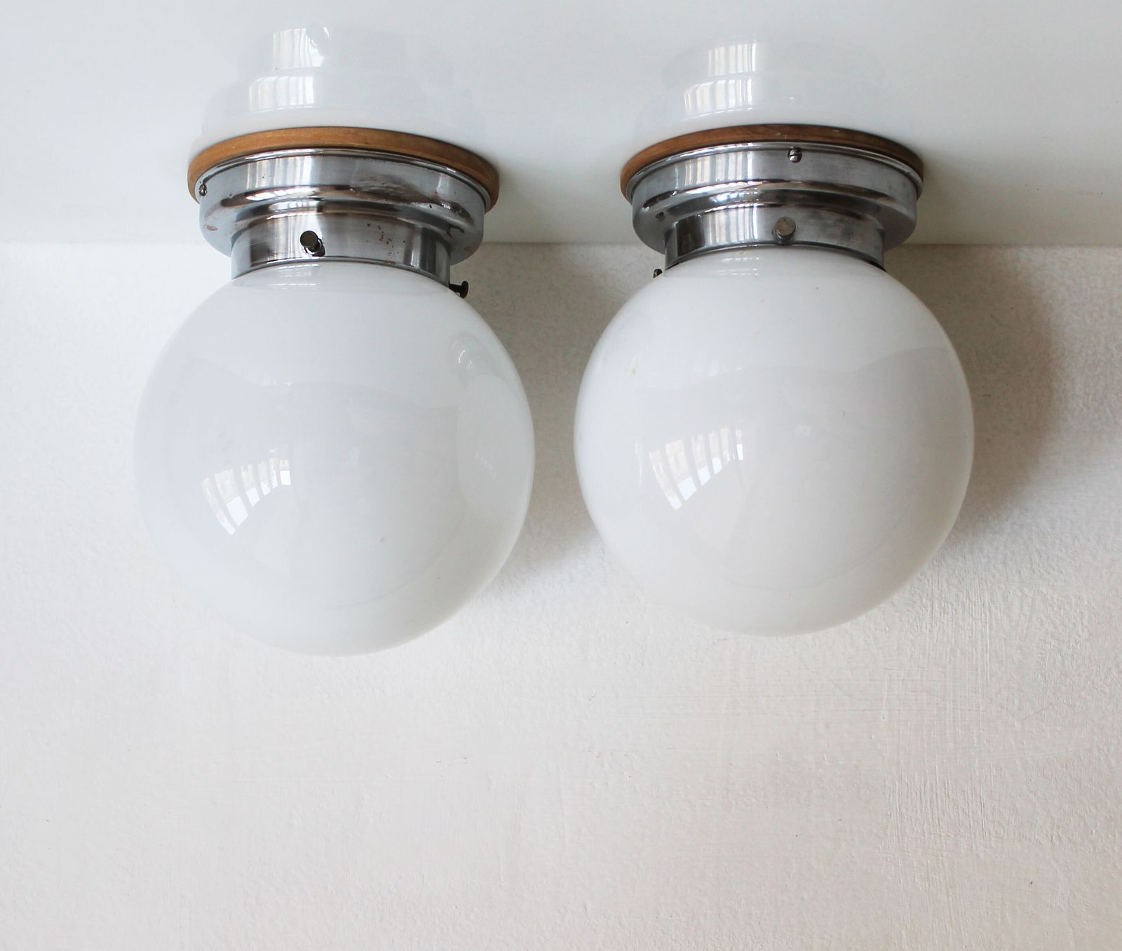 Pair Of 1930s Modernist Ceiling Or Wall Lights With Milk Glass Globes photo for sale