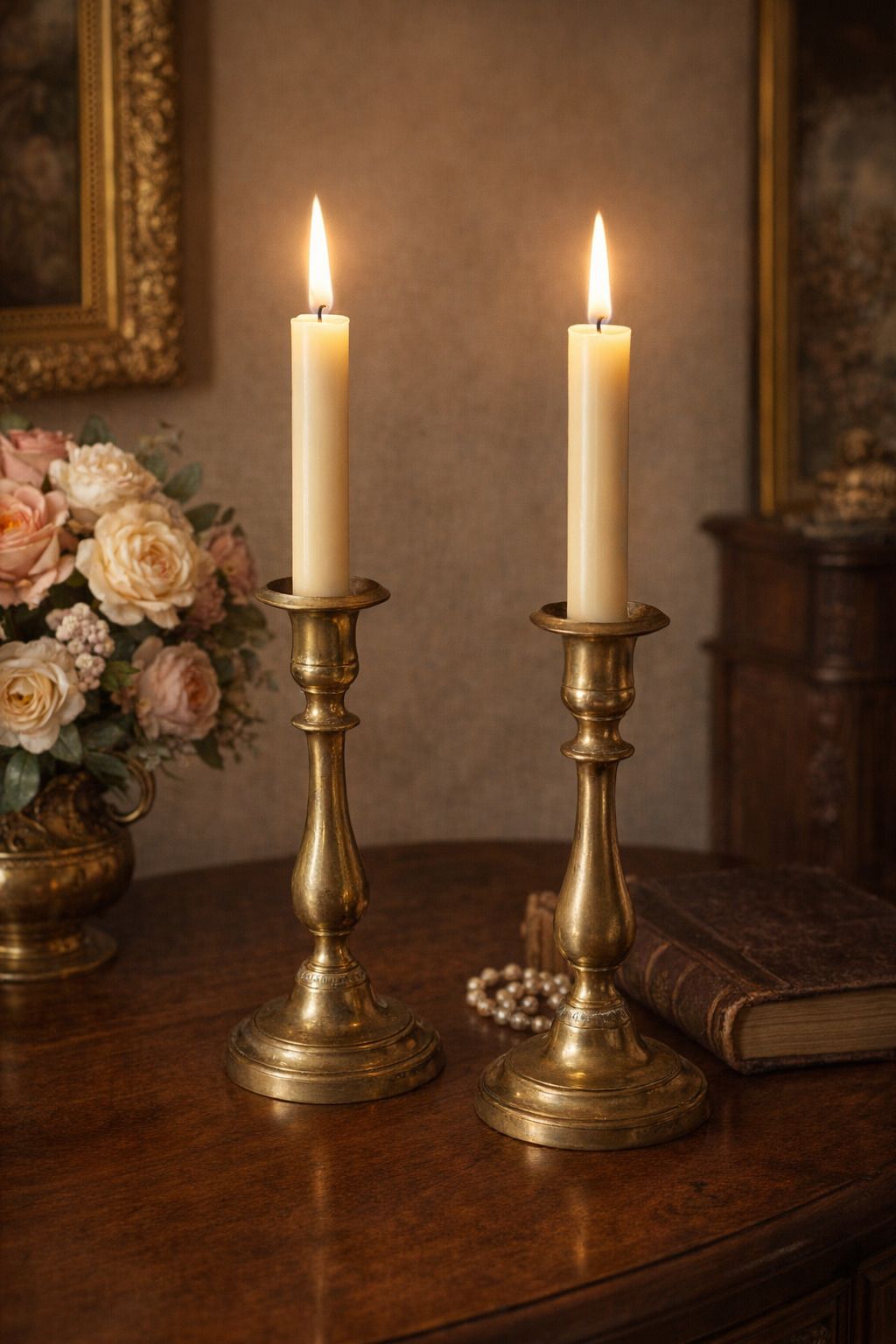 Coppia Di Candelabri Antichi In Ottone   Stile Classico H 21 Cm