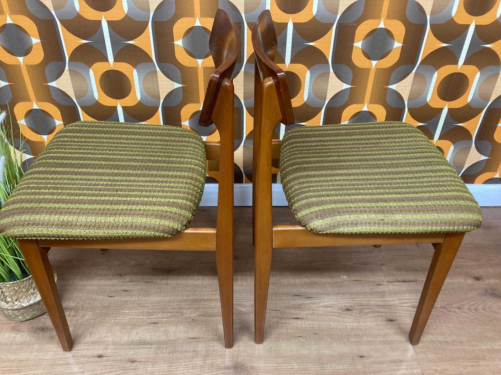 Pair Of Vintage Mid Century Teak Dining Chairs With Original Upholstery Cleaned, New Foam Added, Circa 1960s photo furniture