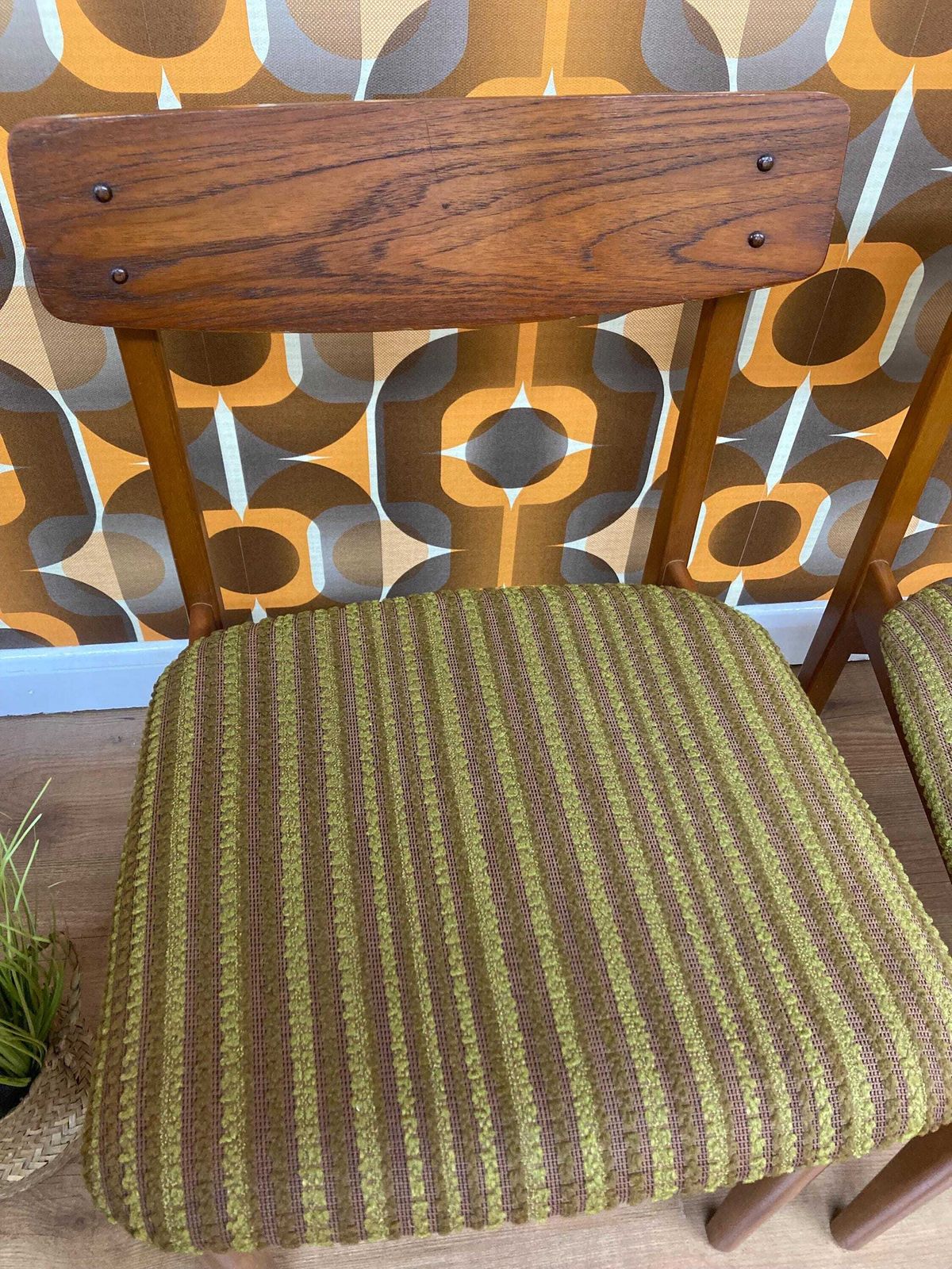 Pair Of Vintage Mid Century Teak Dining Chairs With Original Upholstery Cleaned, New Foam Added, Circa 1960s photo vinterior