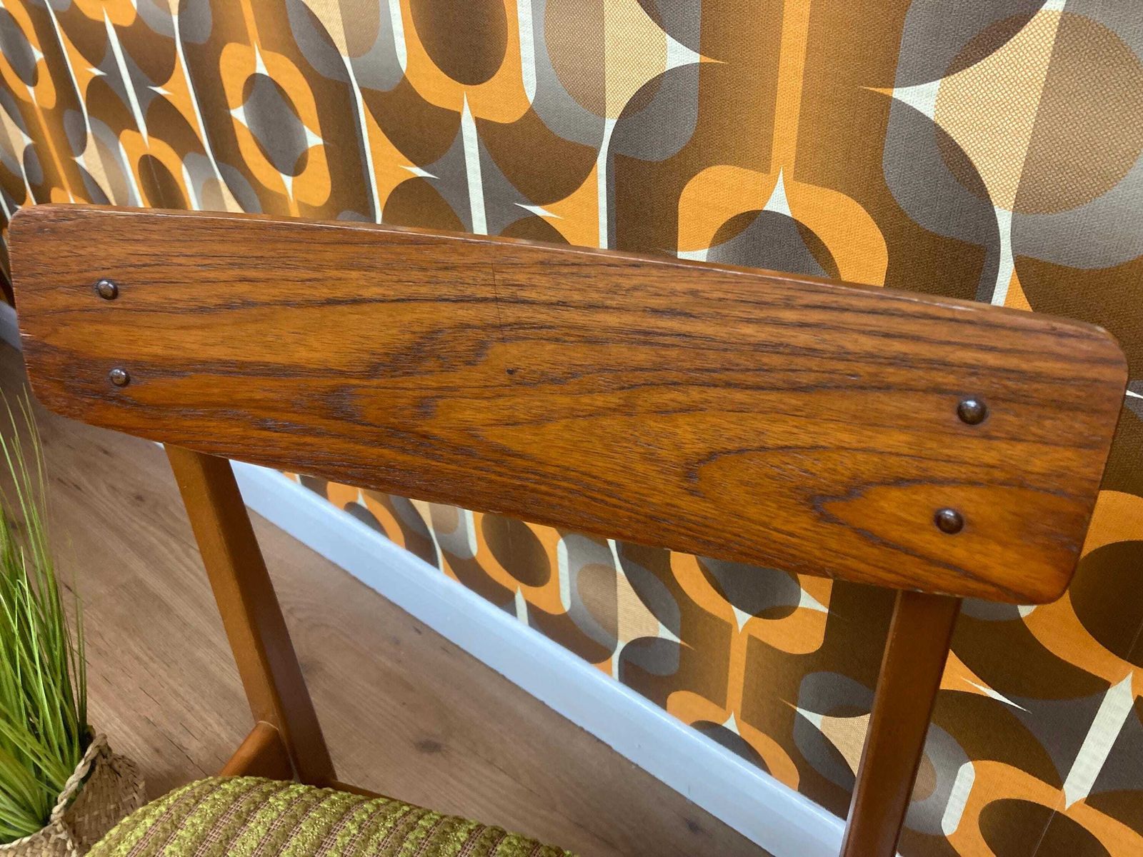 photo furniture Pair Of Vintage Mid Century Teak Dining Chairs With Original Upholstery Cleaned, New Foam Added, Circa 1960s