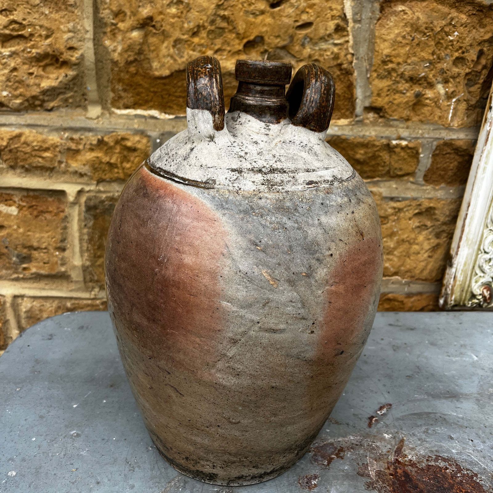 Antique French Rustic Stoneware Double Handed Jug With Narrow Neck photo furniture