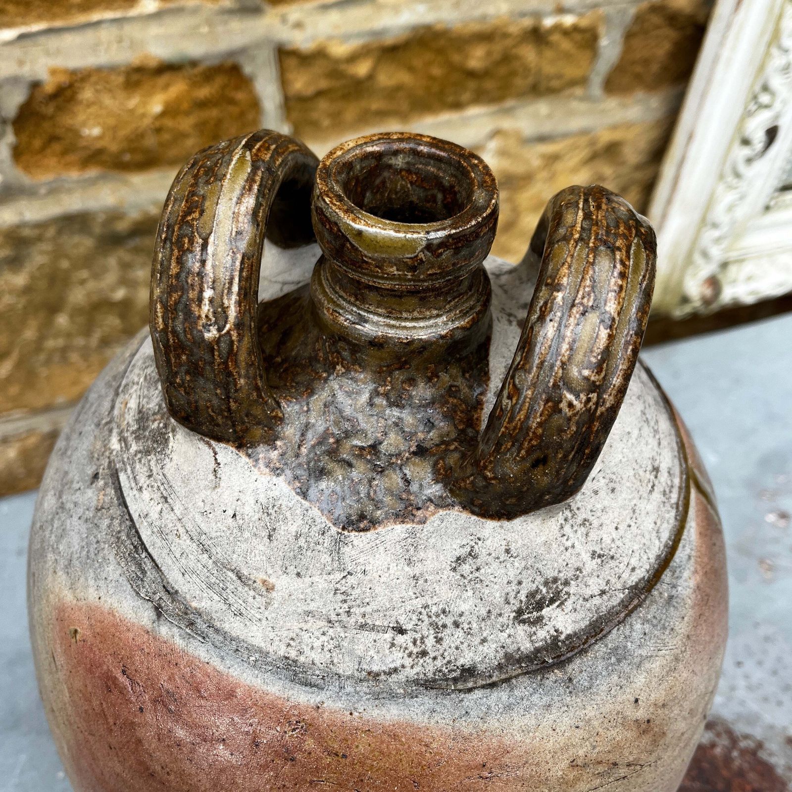 Antique French Rustic Stoneware Double Handed Jug With Narrow Neck photo for sale