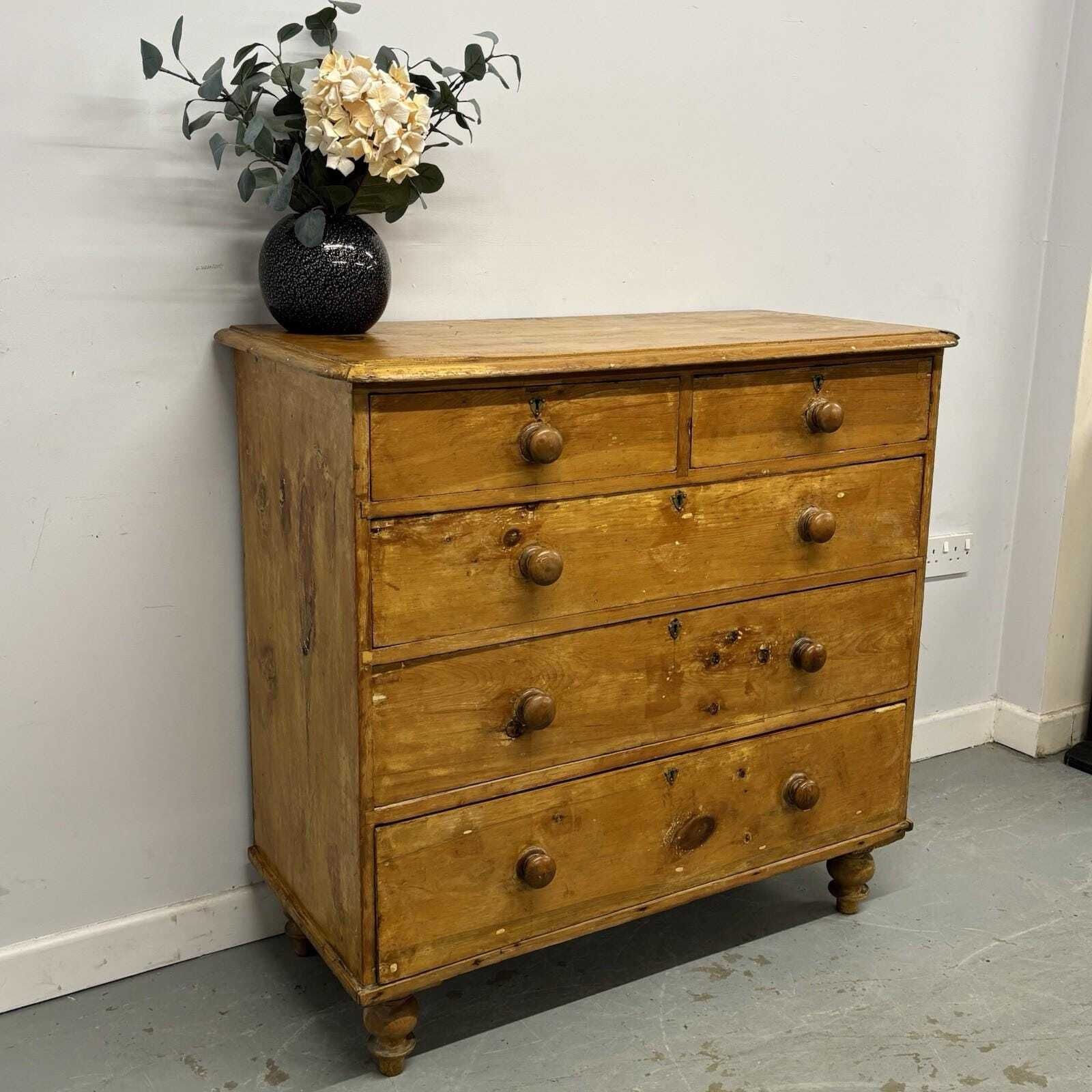 Antique Pine Chest Of Drawers Rustic Victorian Style 2 Over 3 Drawer Chest photo 545.0