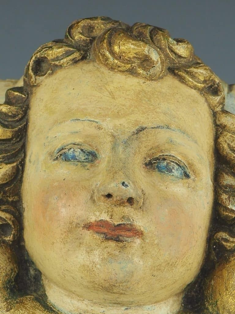 18th Century Carved Wood Panel – Polychrome Head Of Cherub – Putto photo buy