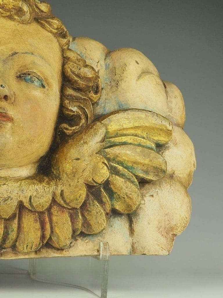 photo for sale 18th Century Carved Wood Panel – Polychrome Head Of Cherub – Putto