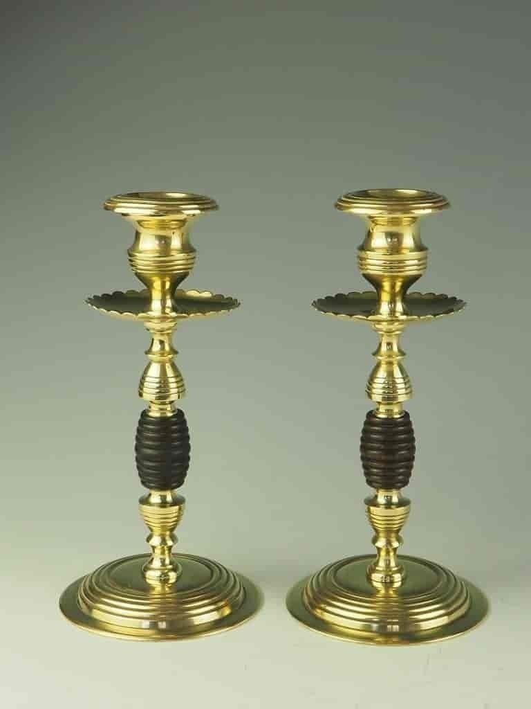 Pair Of Regency Beehive Brass And Oak Candle Holders photo furniture