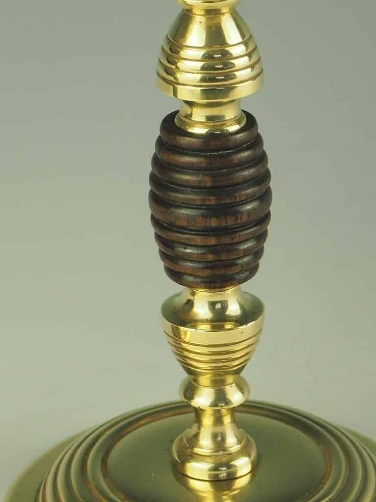 Pair Of Regency Beehive Brass And Oak Candle Holders photo vintage