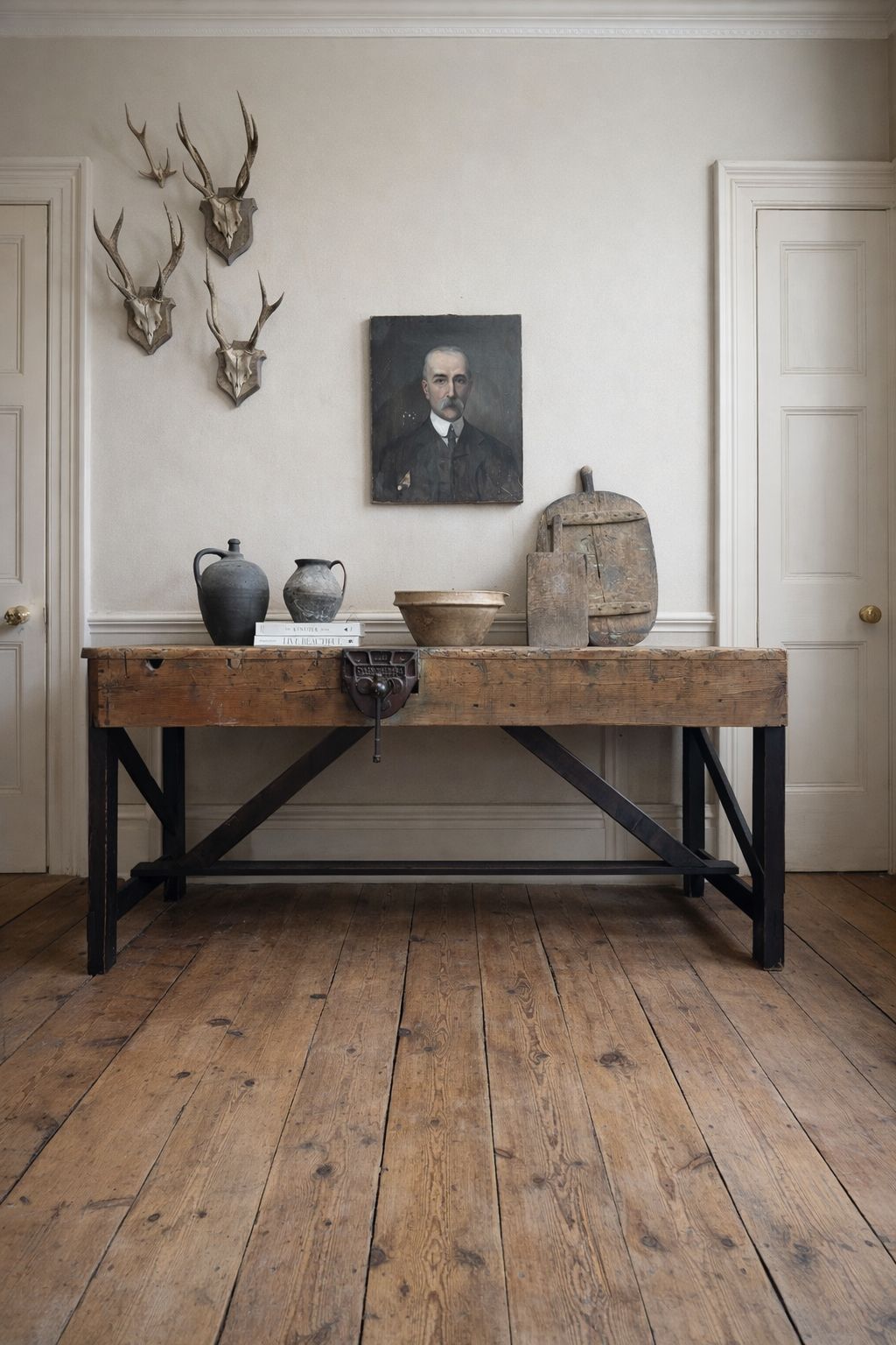 Early 1900s Antique Industrial Workbench Table photo furniture